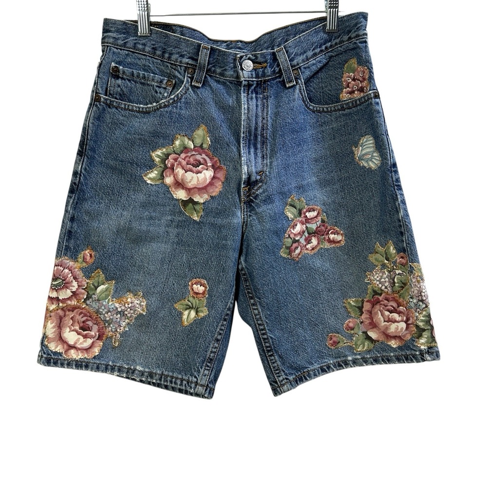Upcycled Vintage Levi's 550 Women's M (Men's 32) Floral Appliquéd Rework Art